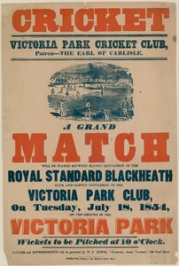 Juliste, joka mainostaa krikettiottelua Victoria Park Cricket Clubilla 18. heinäkuuta 1854