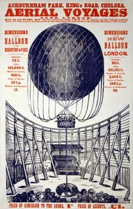 Juliste, joka mainostaa "Aerial Voyages over London", pubi. 1867 (värilitografia) tekijältä English School