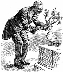 Presidentti Wilson antaa rauhankyyhkylle oliivinoksan, jossa lukee "Kansainliitto", Lontoossa 26. maaliskuuta 1919 ilmestyneestä "Punch"-lehdestä (painokuva). tekijältä English School