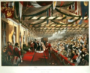Tanskan prinsessa Alexandra saapuu Lontooseen 7. maaliskuuta 1863 The Bricklayers Arms Stationille tulevan aviomiehensä Walesin prinssin kanssa. 1863 (väri litho) tekijältä English School