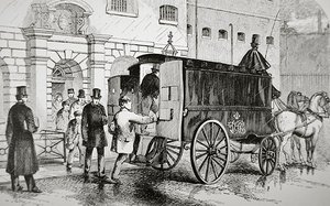 Vangit nousevat "Black Maria" -nimiseen poliisiautoon 1870-luvulla (kaiverrus) tekijältä English School