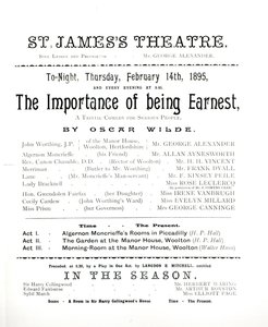 Ohjelma Oscar Wilden (1854-1900) The Importance of Being Earnest -esitykseen St. James Theatressa 14. helmikuuta 1895 tekijältä English School