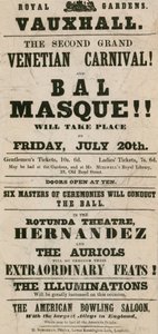 Mainoslehtinen toiselle suurelle venetsialaiselle karnevaalille ja Bal Masquelle Royal Gardensissa, Vauxhallissa, Lontoossa tekijältä English School