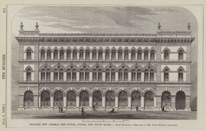 Ehdotettu uusi pääpostitoimisto, Sydney, Uusi Etelä-Wales, Flank Elevation, suunnittelija James Barnet, arkkitehti (kaiverrus) tekijältä English School