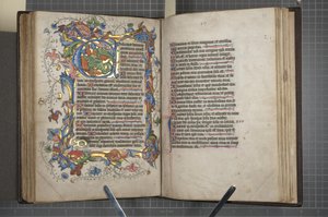Psalteri ja Sarumin käyttökalenteri, Fol 72 verso fol 73 recto, n. 1425-75 (mustetta, maalia ja kultaa velumilla) tekijältä English School