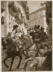 Prinssi Charlesin julkinen vastaanotto Madridissa, kuvitus Cassell Illustrated History of Englandista (seepiakuva) tekijältä English School
