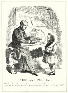 Punch-sarjakuva: Ylistys ja vanukas: Prinssi Albert palkitsee Joseph Paxtonin Crystal Palacen suunnittelusta vuoden 1851 onnistuneelle suurelle näyttelylle Lontoon Hyde Parkissa (kaiverrus) tekijältä English School