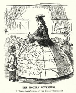 Punch-sarjakuva: The Modern Governess - leveä vannehame, joka toimii maantieteen opetuksen apuvälineenä (kaiverrus) tekijältä English School