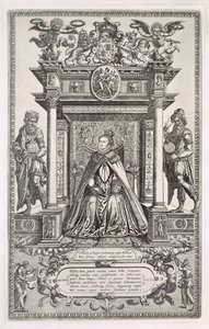 Kuningatar Elisabet I (1533-1603) maantieteen ja tähtitieteen suojelijana, Englannin Saxon Maps of Englandin etukappale, 1579 tekijältä English School