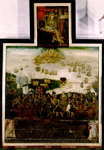 Kuningatar Elisabet I saapuu Tilburyyn ja englantilainen espanjalaisen Armadan tappio 1588 (öljy paneelissa) tekijältä English School