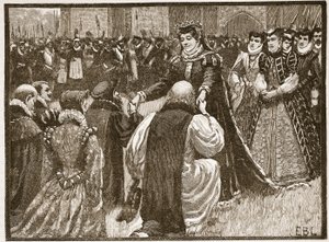 Queen Mary ja valtion vangit tornissa, kuvitus Cassells Illustrated History of Englandista (seepiakuva) tekijältä English School