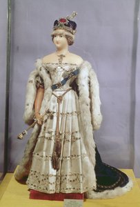 Kuningatar Victoria (1819-1901) nukke, joka on pukeutunut kruunausvaatteihinsa, n. 1840 (vaha) tekijältä English School