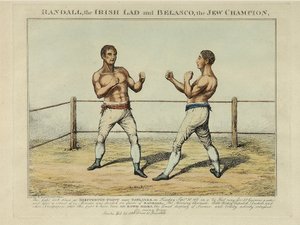 Randall, irlantilainen poika ja Belasco, juutalainen mestari, kaivertanut Williams (värillinen etsaus) tekijältä English School