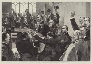 Parnellin uudelleenvalinta Irlannin puolueen johtajaksi 25. marraskuuta 1890 alahuoneen valiokunnan huoneessa nro 15 tekijältä English School