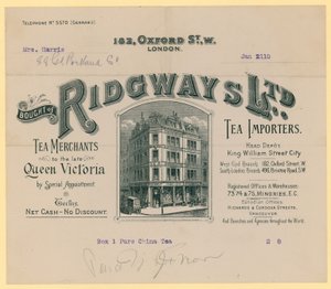 Kuitti Ridgwaysiltä, teen maahantuojilta, 182 Oxford Street, Lontoo tekijältä English School
