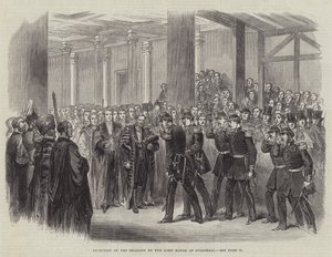 Lord Mayorin belgialaisten vastaanotto Guildhallissa (kaiverrus) tekijältä English School