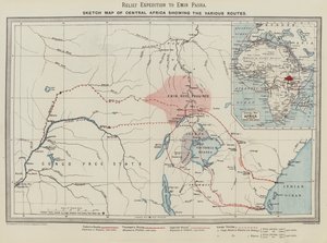 Relief Expedition to Emin Pasha, luonnoskartta Keski-Afrikasta, joka näyttää eri reitit (väri litho) tekijältä English School