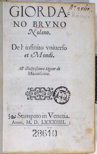 Res 28610 Giordano Brunon De lInfinito Universo et Mondin nimisivu, julkaistu Lontoossa, 1584 (painettu paperi) tekijältä English School