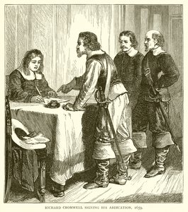 Richard Cromwell allekirjoittaa luopumuksensa vuonna 1659 tekijältä English School