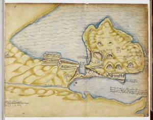 Richard Grenvillen Tintagel-suunnitelma, n. 1583 (kynä ja akvarelli paperille) tekijältä English School