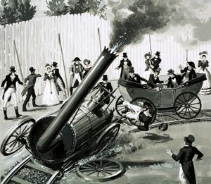 Richard Trevithick rakensi pienen pyöreän rautatien Lontooseen esitelläkseen ihmisiä junamatkustamiseen (guassi paperilla) tekijältä English School