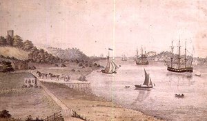 Jokimaisema, merenkulku ja Dover Coach, n. 1800 (kynä ja pesu) (72977-pari) tekijältä English School