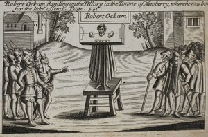 Robert Ockam seisoo pillerin päällä Newberryn kaupungissa, jossa hän syntyi, kuvitus John Foxen teoksesta Acts and Monuments, yhdeksäs painos, pubi. 1684 tekijältä English School