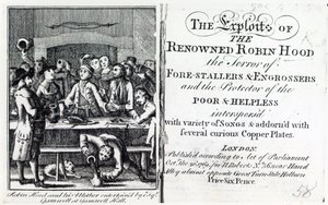 Robin Hoodia ja hänen äitiään viihdyttää Esq Gamnell Gamnell Hallissa, 1769 julkaistun The Exploits of the Reowned Robin Hoodin etukappale (painettu) tekijältä English School