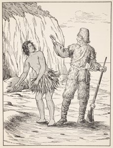 Robinson Crusoe ja Friday, kuvitus teoksesta The Story of Robinson Crusoe: Mukautus lapsille, jotka seuraavat Defoesin kieltä, pub. kirjoittanut Griffith Farran Browne & Co. Limited, Lontoo tekijältä English School