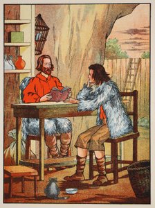 Robinson Crusoe ja Friday, kuvitus teoksesta The Story of Robinson Crusoe: Mukautus lapsille, jotka seuraavat Defoesin kieltä, pub. kirjoittanut Griffith Farran Browne & Co. Limited, Lontoo tekijältä English School