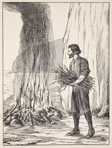 Robinson Crusoe ruoanlaitto, kuvitus teoksesta The Story of Robinson Crusoe: Mukautus lapsille, jotka seuraavat Defoesin kieltä, pub. kirjoittanut Griffith Farran Browne & Co. Limited, Lontoo tekijältä English School