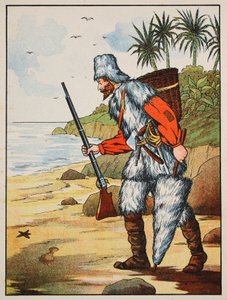 Robinson Crusoe, kuvitus teoksesta The Story of Robinson Crusoe: Mukautus lapsille, jotka seuraavat Defoesin kieltä, pub. kirjoittanut Griffith Farran Browne & Co. Limited, Lontoo tekijältä English School