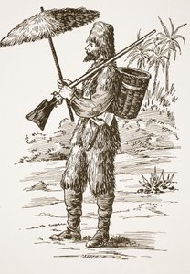 Robinson Crusoe, kuvitus teoksesta The Story of Robinson Crusoe: Mukautus lapsille, jotka seuraavat Defoesin kieltä, pub. kirjoittanut Griffith Farran Browne & Co. Limited, Lontoo tekijältä English School