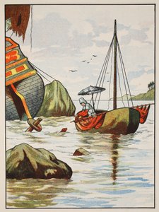 Robinson Crusoe pelastamassa koiraa espanjalaisesta haaksirikosta, kuvitus elokuvasta The Story of Robinson Crusoe: Mukautus lapsille, jotka seuraavat Defoesin kieltä, pub. kirjoittanut Griffith Farran Browne & Co. Limi tekijältä English School