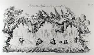 Romanttiset kaaret kaskadeilla, William Wrightin teoksesta "Grotesque Architecture or Rural Amusement", julkaistu n. 1767-1790 (kaiverrus) (mv-valokuva) tekijältä English School