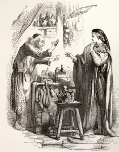 Romeo ostaa myrkkyä apteekista, kuvituksen Romeo ja Julia, "The Illustrated Library Shakespeare", julkaistu Lontoossa 1890 (litho) tekijältä English School