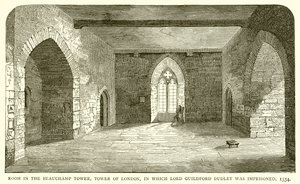 Huone Beauchamp Towerissa, Lontoon Towerissa, jossa Lord Guildford Dudley vangittiin, 1554 tekijältä English School