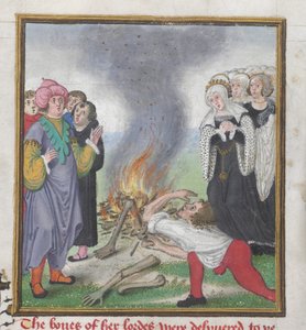 Roy 18 D II f.161 Theseus polttaa Theban kuninkaan Kreonin surmaamien ateenalaisten ruumiita John Lydgaten (n. 1370-n. 1451) 