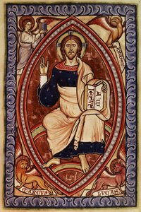 Roy 2 A XXII f.14 Kristus Majesteetissa evankelistien symboleilla, Westminster Psalter, n. 1250 (vellum) tekijältä English School