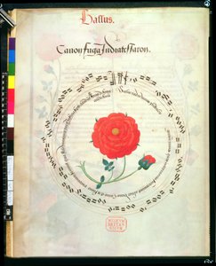 Roy II E XI f.2v Canon, pyöreät sauvat ja ruusu keskellä, Richard Sampsonin Motetsilta (vellum) tekijältä English School