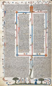 Royal 10 E. IV, f.30v, Teksti ja sivukohtaus miehestä ja naisesta rakennuksen ulkopuolella, elokuvasta "The Smithfield Decretals" (vellum) tekijältä English School