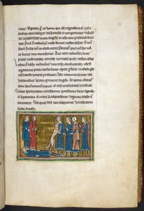 Royal 12 F.XIII, f.33 Koira tunnistaa murhaajan.  , Bestiarysta (ff. 3-141), Lapidarysta (ff. 141v-149)  , 1200-luvun toinen neljännes (vellum) tekijältä English School