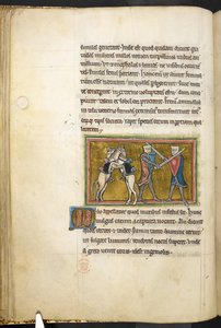 Royal 12 F.XIII, f.42v Kaksi ritaria taistelevat jalkaisin miekkojen kanssa, kun taas heidän hevosensa taistelevat toisiaan vastaan takajaloilla. , Bestiarysta (ff. 3-141), Lapidarysta (ff. 141v-149)  , 1200-luvun toinen neljännes (vellum) tekijältä English School