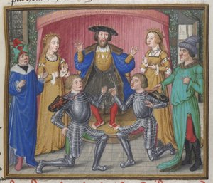 Kuninkaallinen 18 D.II, f.151 Polynices ja Tydeus sovittiin, kuva Thebesin piirityksestä, n. 1455-1462 (vellum) tekijältä English School