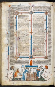 Royal MS 10 IV f.297v Ruton uhrin kylpeminen ja marginaalikoristelu, kuvitus teoksesta "The Smithfield Decretals" (vellum) tekijältä English School