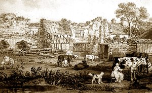 Raunioitunut kartano lypsylehmillä, n. 1800 (kynä & seepiamuste paperille) tekijältä English School