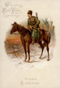Venäläinen kasakka hevosen selässä: (chromolitho): uudenvuoden onnittelukortti (chromolitho) tekijältä English School