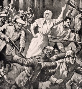 Venäläinen sairaanhoitaja Mira Miksailovitš Ivanoff johtamassa miehiä saksalaisia vastaan, 1915, Lontoossa vuonna 1916 julkaistusta The War Illustrated Album deLuxe -albumista. tekijältä English School