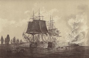 Venäläinen alus Vsevolod tuhoutui Venäjän laivaston läsnäollessa Ruotsin laivaston liitteenä ja kapteeni Thomas Byam Martinin komentaman HMS Implacablen kanssa Itämerellä 26. elokuuta 1808 (litho) tekijältä English School