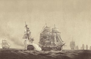 Venäläinen alus Vsevolod osoittaa lippuaan Ruotsin laivastoon kuuluvalle HMS Implacable -alukselle, jota komentaa kapteeni Thomas Byam Martin, Itämerellä 26. elokuuta 1808 (litografia). tekijältä English School